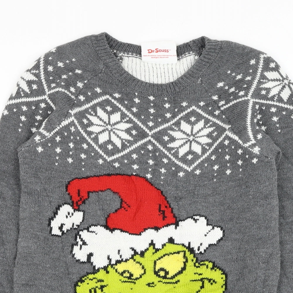 Primark Girls Grey Round Neck Fair Isle Acrylic Pullover Jumper Size 11-12 Years Pullover - The Grinch Christmas Jumper