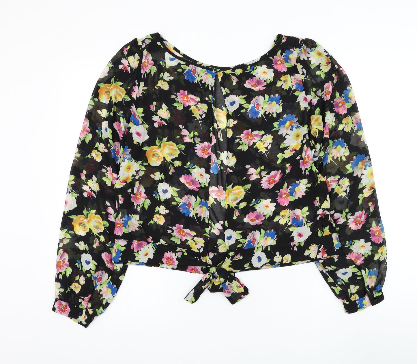 River Island Womens Black Floral Polyester Basic Blouse Size 16 Round Neck - Open Back