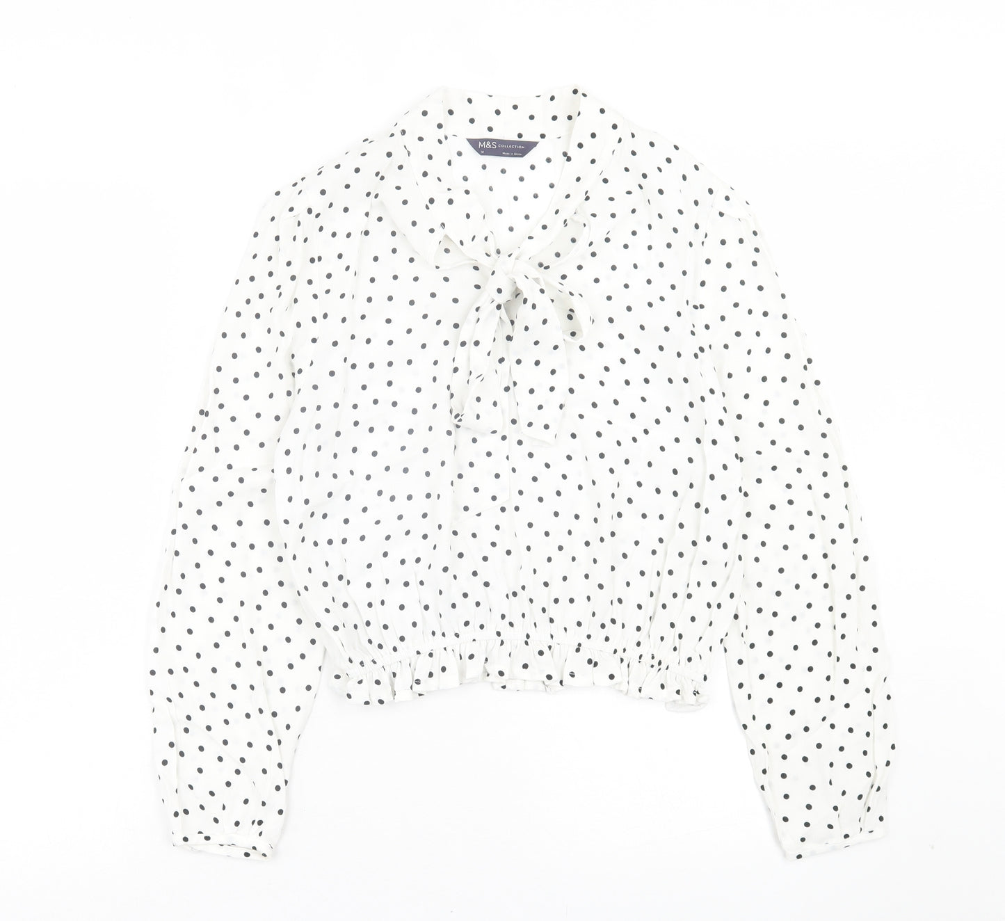 Marks and Spencer Womens White Polka Dot Polyester Basic Blouse Size 10 V-Neck - Lettuce Edging