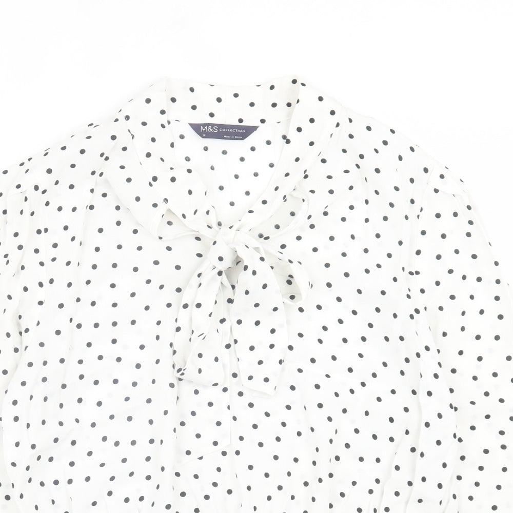Marks and Spencer Womens White Polka Dot Polyester Basic Blouse Size 10 V-Neck - Lettuce Edging