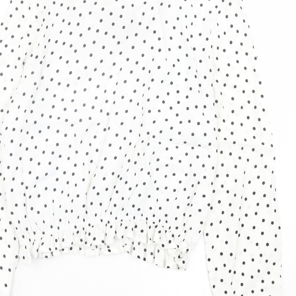 Marks and Spencer Womens White Polka Dot Polyester Basic Blouse Size 10 V-Neck - Lettuce Edging