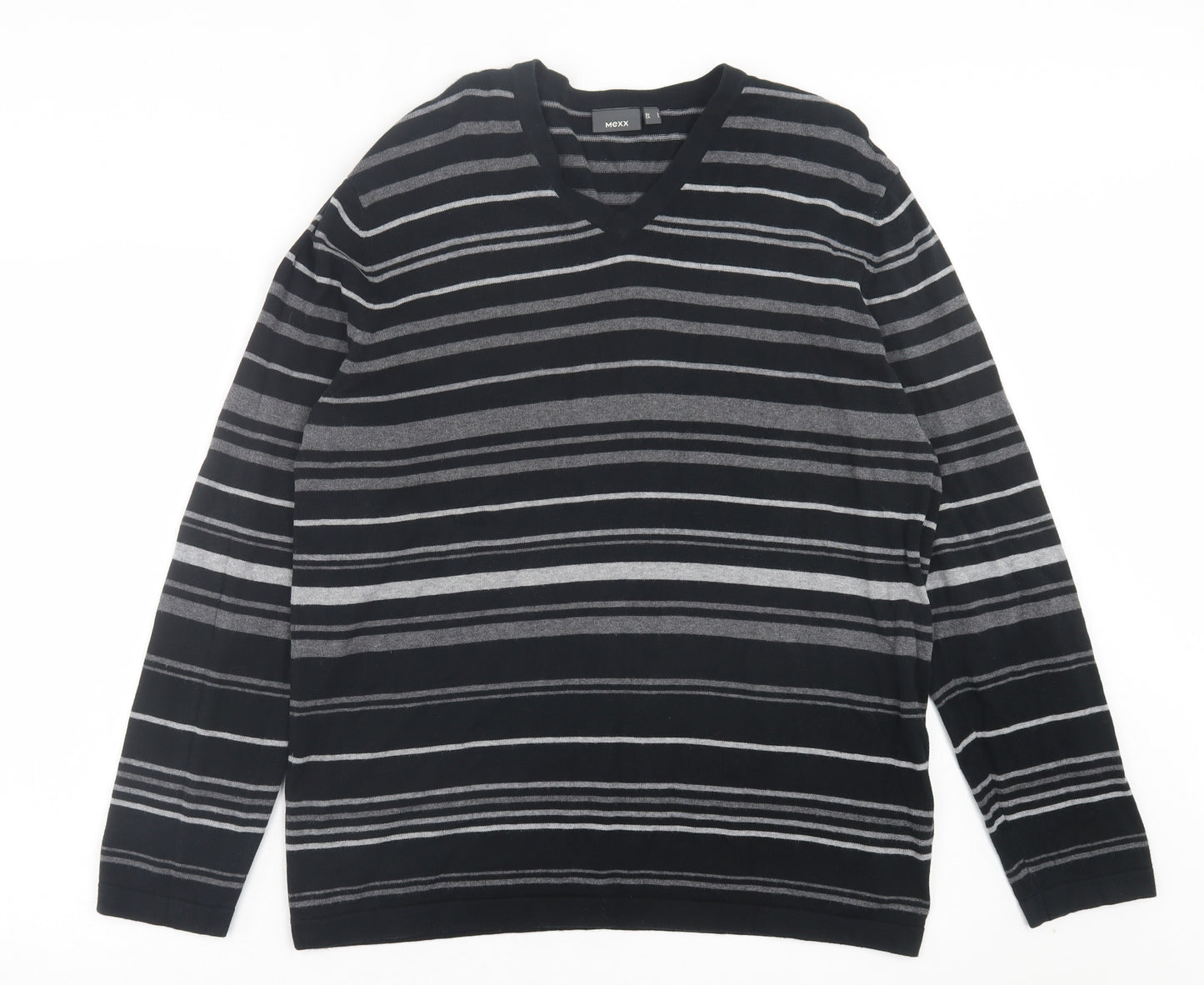 Mexx Mens Black V-Neck Striped Cotton Pullover Jumper Size L