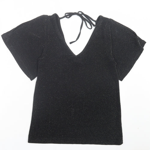 Peacocks Womens Black Polyamide Basic T-Shirt Size 8 V-Neck