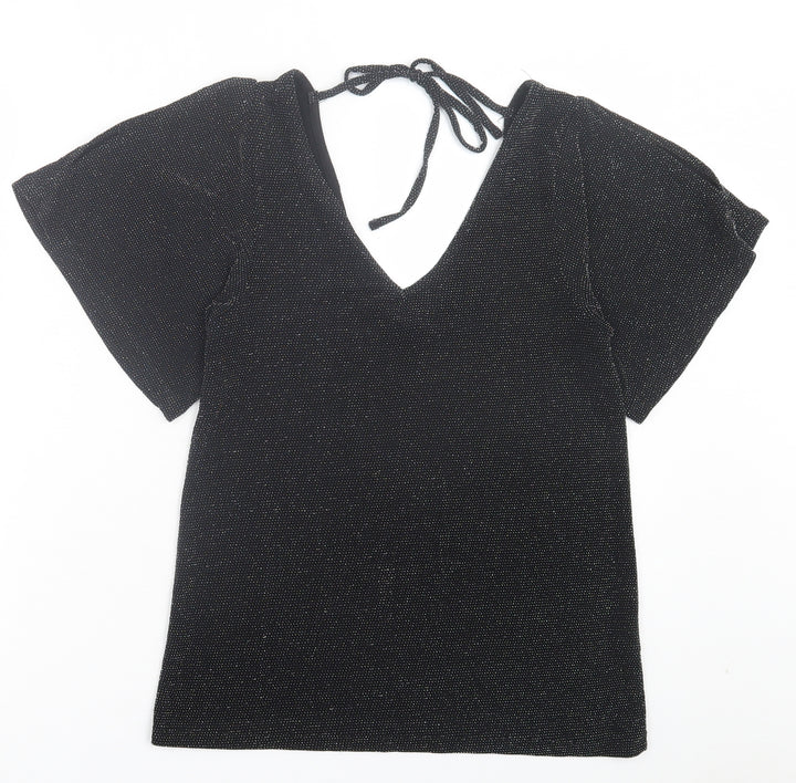 Peacocks Womens Black Polyamide Basic T-Shirt Size 8 V-Neck