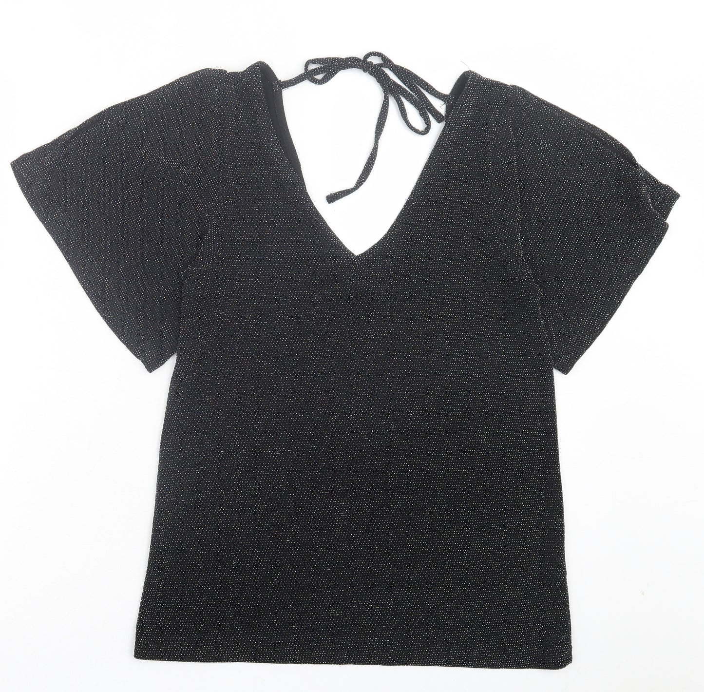 Peacocks Womens Black Polyamide Basic T-Shirt Size 8 V-Neck