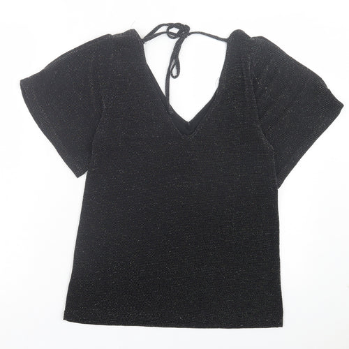 Peacocks Womens Black Polyamide Basic T-Shirt Size 8 V-Neck