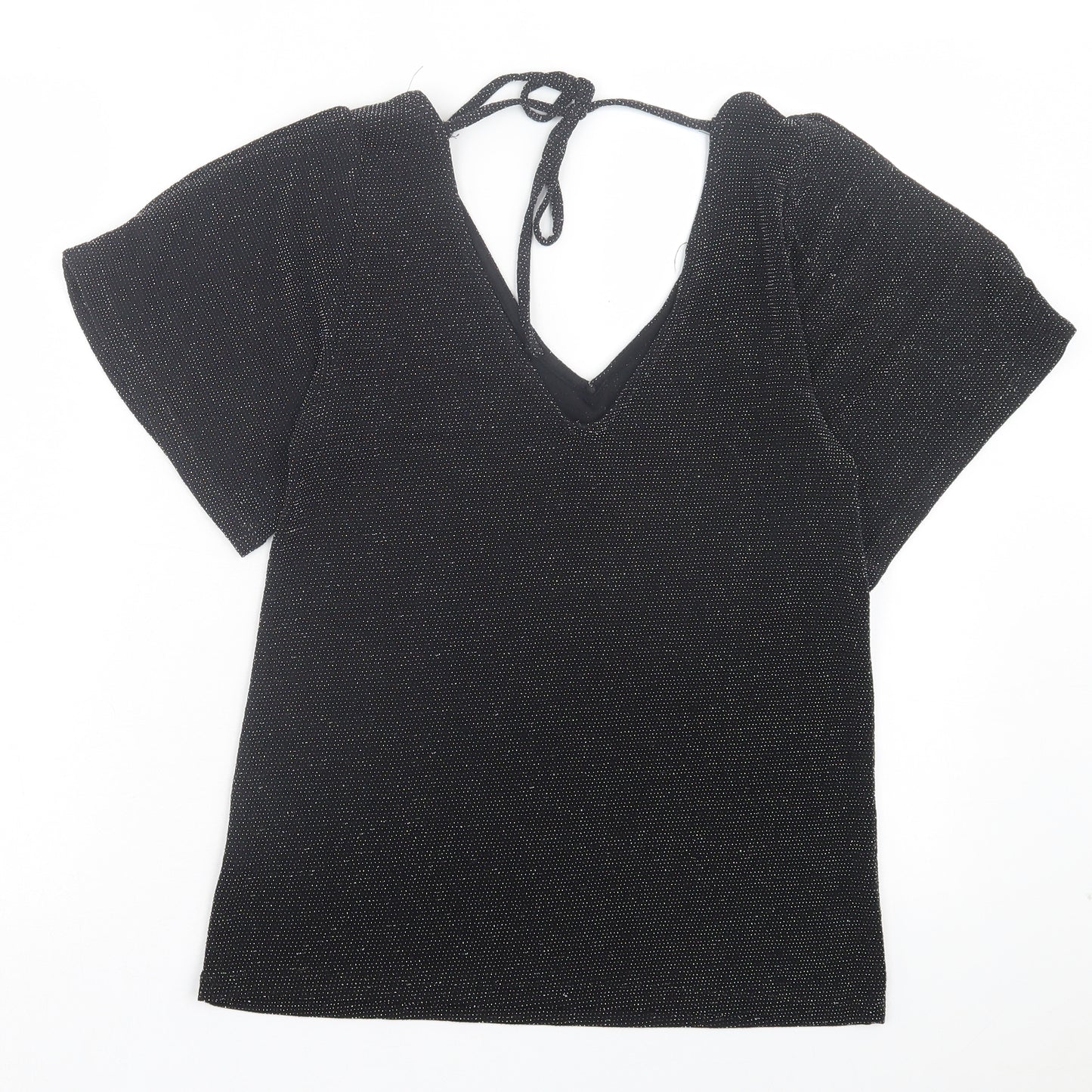Peacocks Womens Black Polyamide Basic T-Shirt Size 8 V-Neck