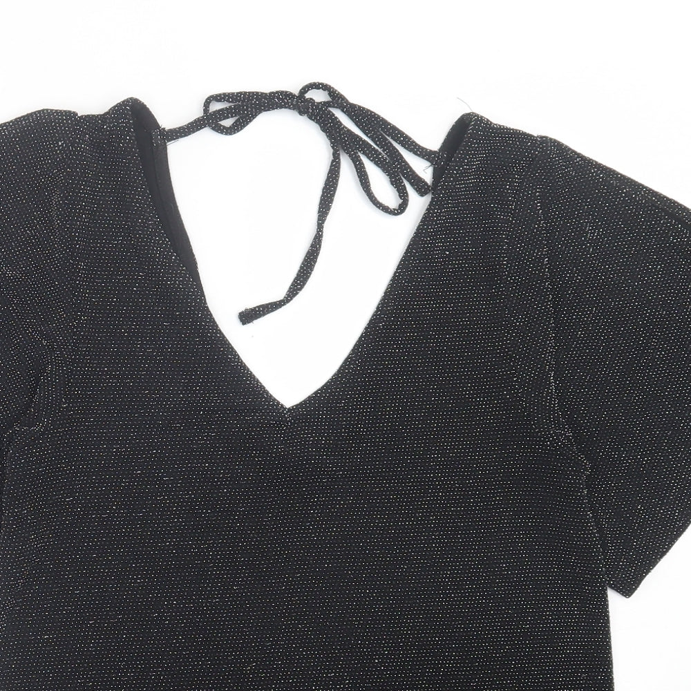 Peacocks Womens Black Polyamide Basic T-Shirt Size 8 V-Neck