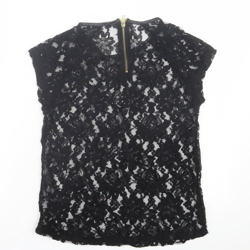 Definitions Womens Black Floral Polyester Basic T-Shirt Size 10 Crew Neck