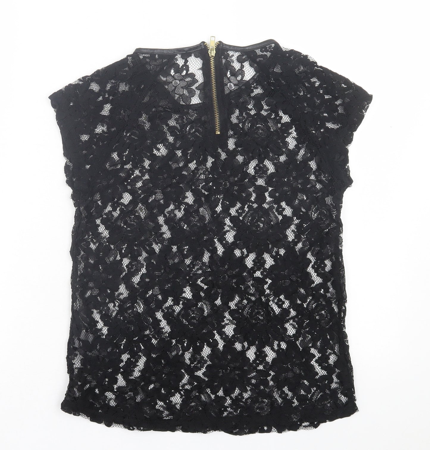 Definitions Womens Black Floral Polyester Basic T-Shirt Size 10 Crew Neck