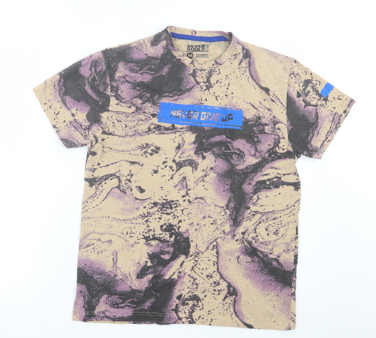 Seven Souls Mens Multicoloured Geometric Cotton T-Shirt Size M Crew Neck - Never Give Up