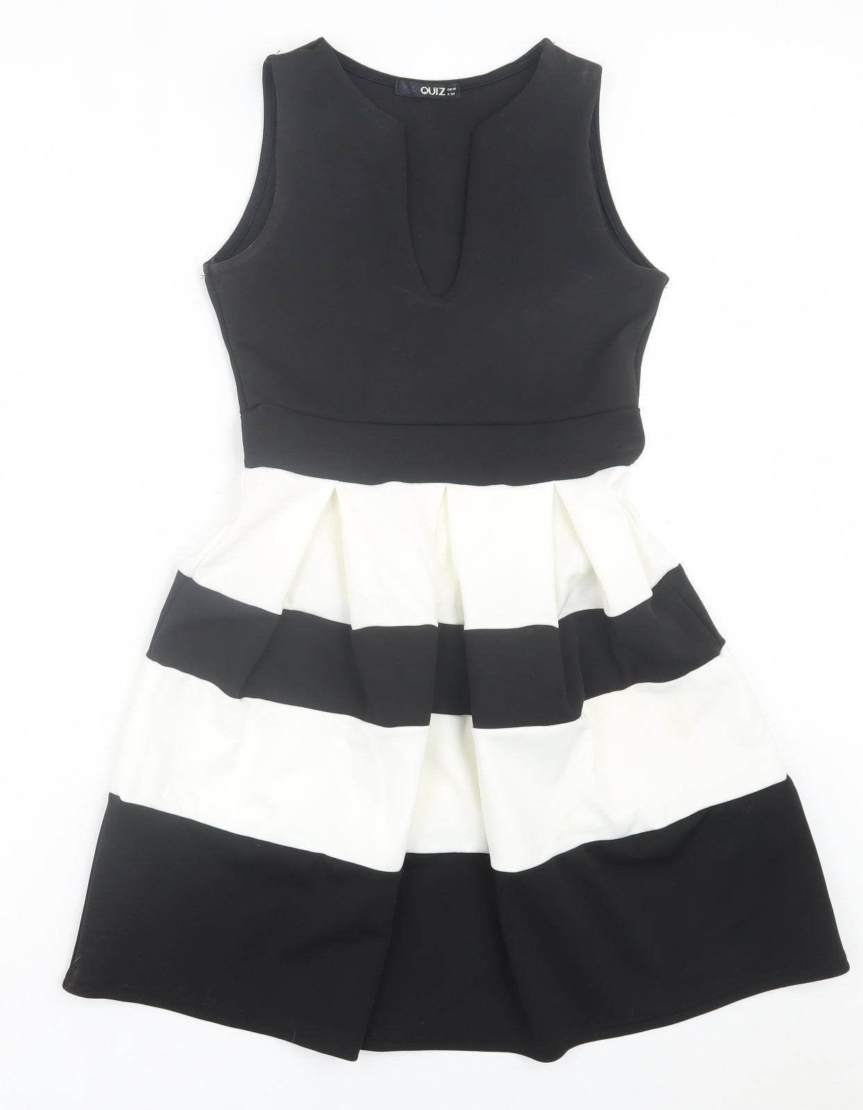 Quiz Womens Black Striped Polyester Skater Dress Size 10 V-Neck Pullover