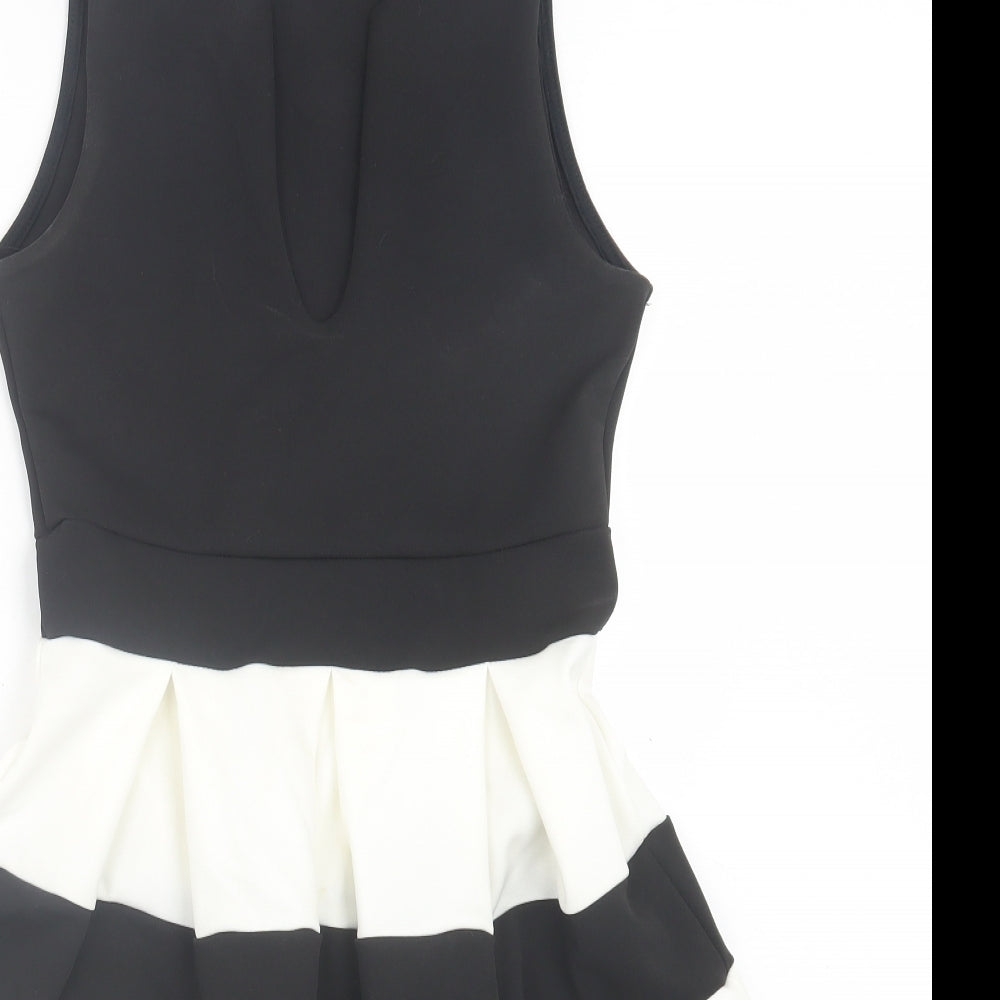 Quiz Womens Black Striped Polyester Skater Dress Size 10 V-Neck Pullover