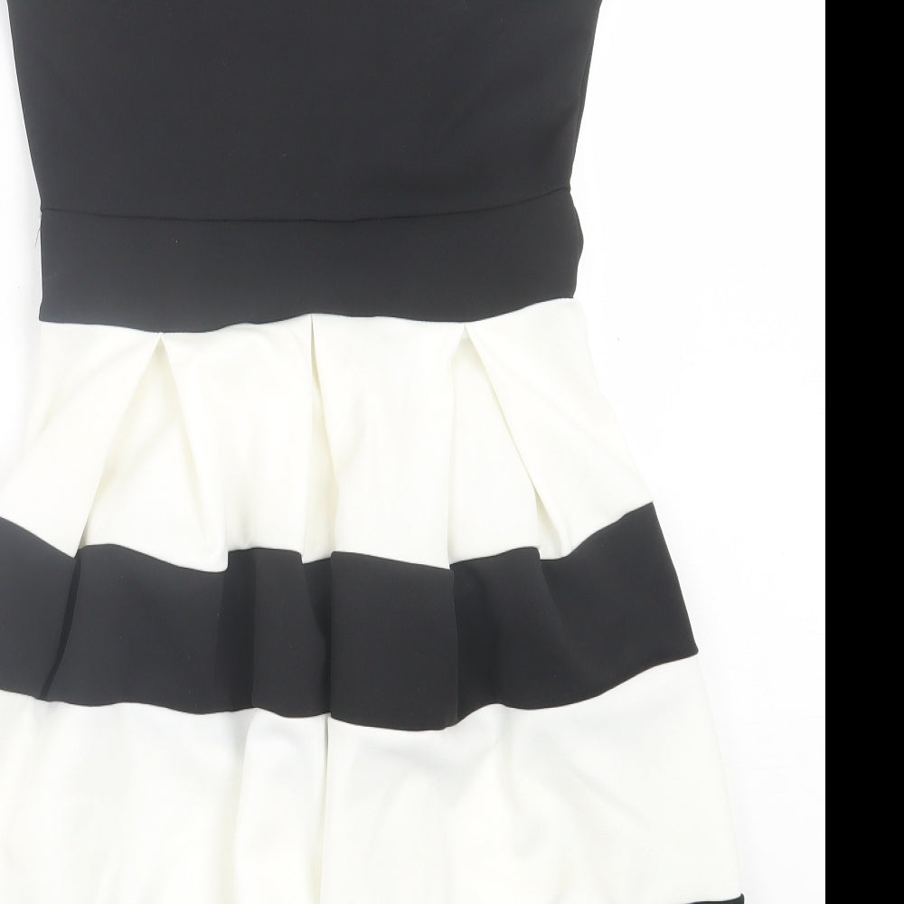 Quiz Womens Black Striped Polyester Skater Dress Size 10 V-Neck Pullover