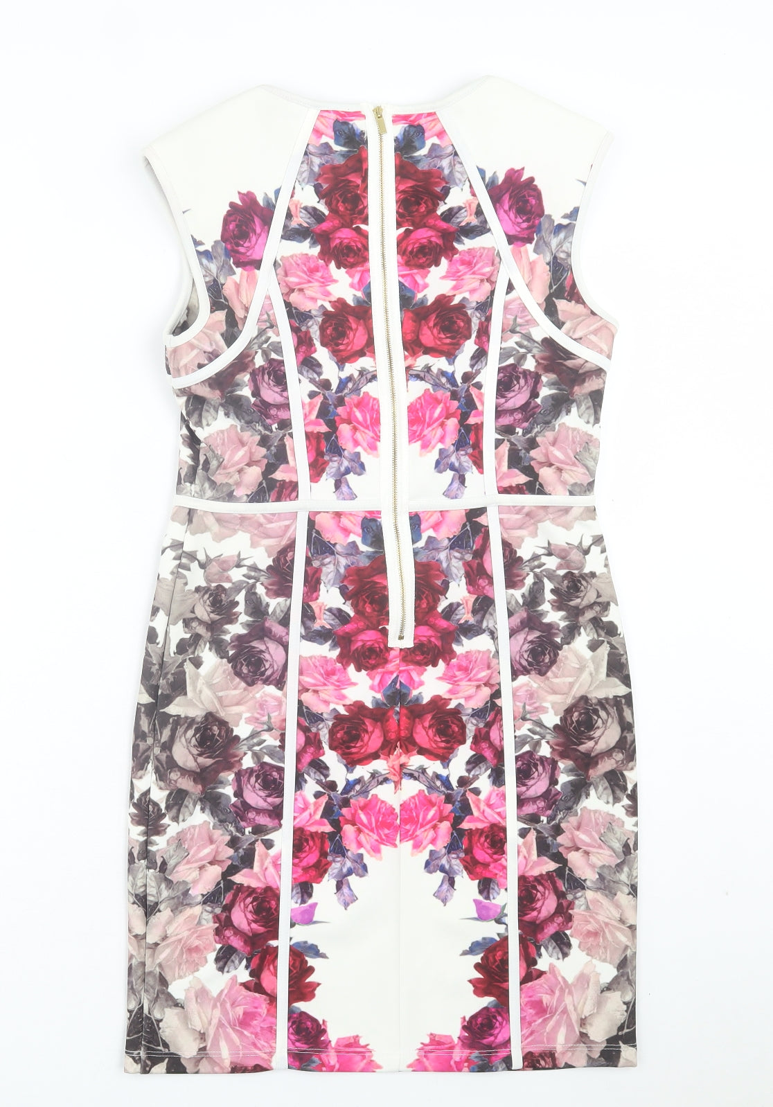 Definitions Womens Pink Floral Polyester Sheath Size 10 Crew Neck Zip
