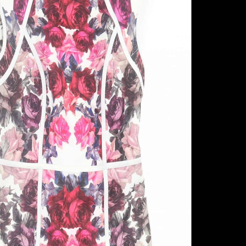 Definitions Womens Pink Floral Polyester Sheath Size 10 Crew Neck Zip
