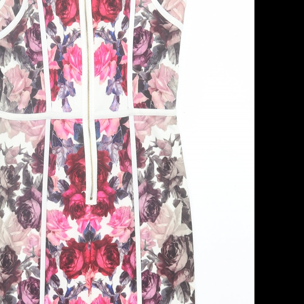 Definitions Womens Pink Floral Polyester Sheath Size 10 Crew Neck Zip