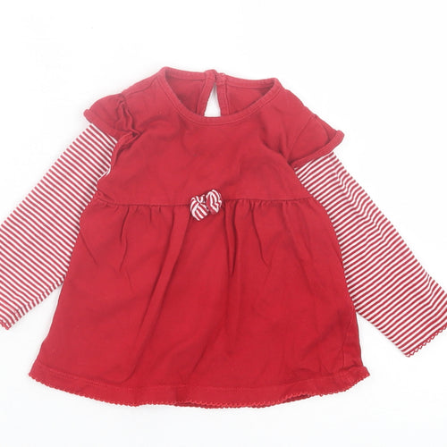 Marks and Spencer Girls Red Striped Cotton A-Line Size 6-9 Months Crew Neck Button