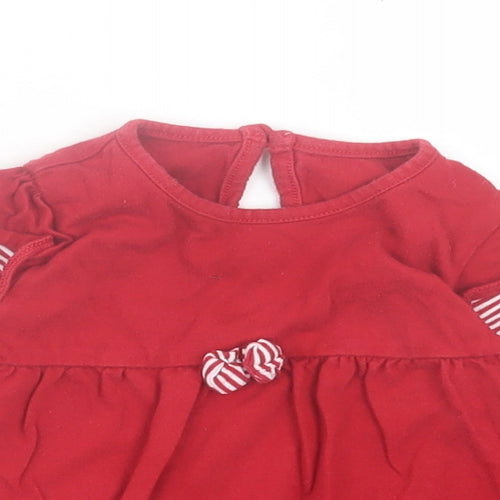 Marks and Spencer Girls Red Striped Cotton A-Line Size 6-9 Months Crew Neck Button