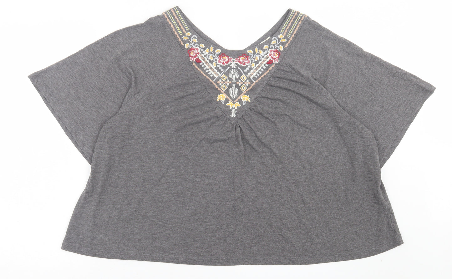 Indigo Womens Grey Floral Polyester Basic T-Shirt Size 14 V-Neck