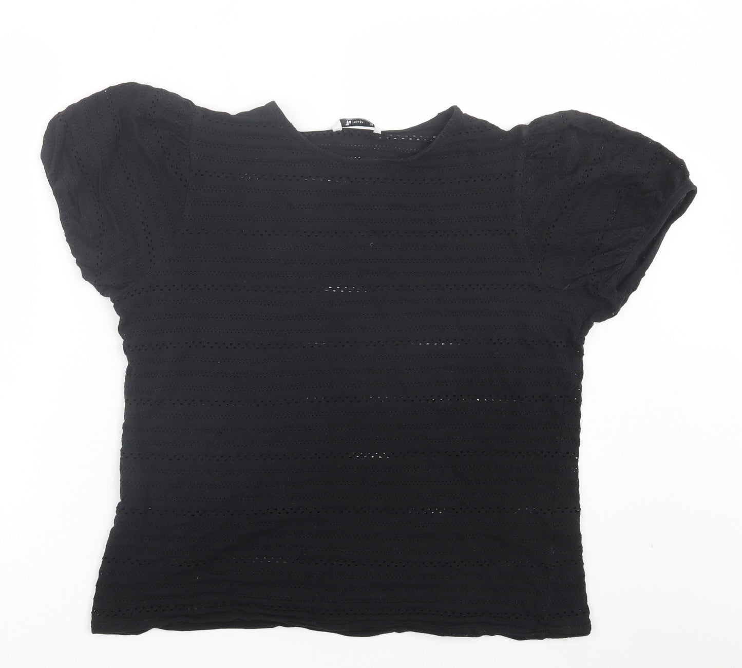 TU Womens Black Geometric Polyester Basic T-Shirt Size 16 Crew Neck