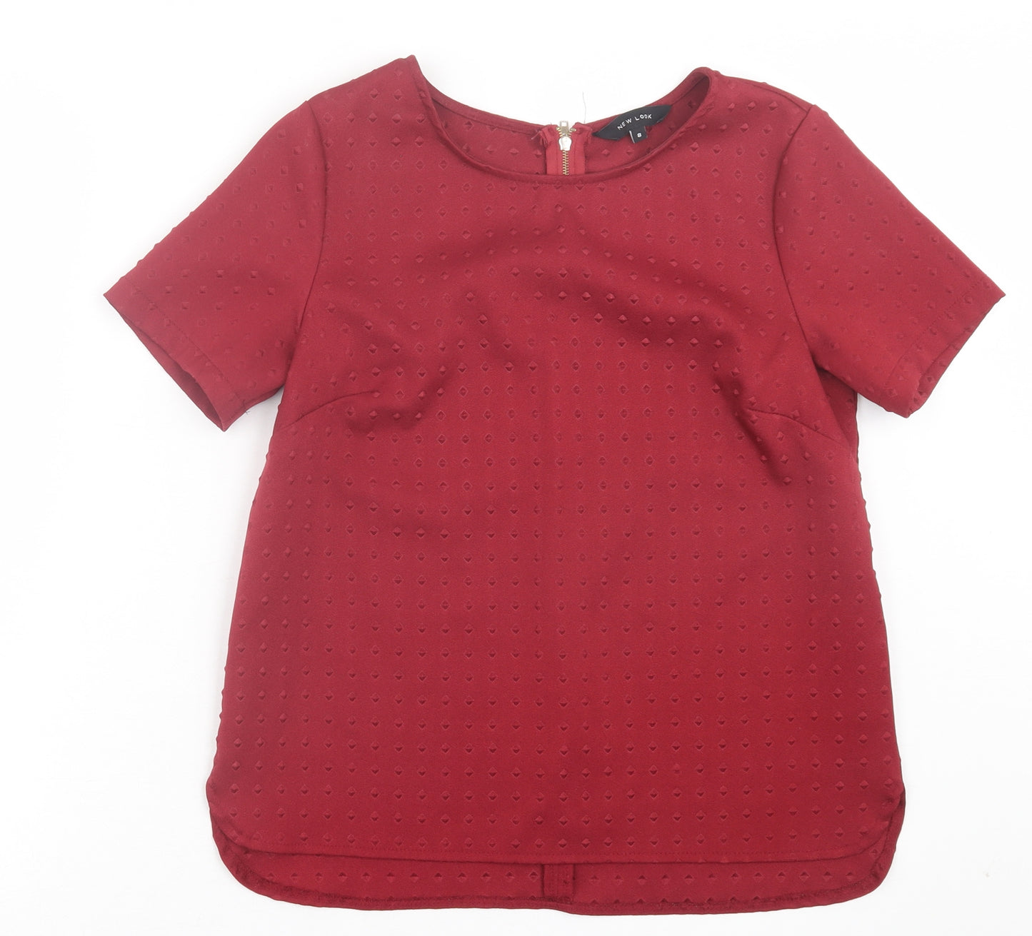 New Look Womens Red Geometric Polyester Basic T-Shirt Size 8 Crew Neck