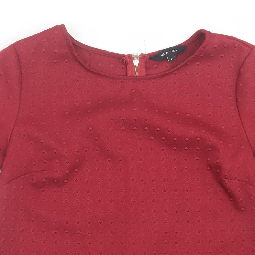 New Look Womens Red Geometric Polyester Basic T-Shirt Size 8 Crew Neck