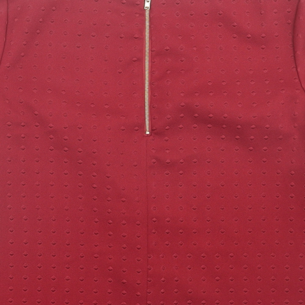 New Look Womens Red Geometric Polyester Basic T-Shirt Size 8 Crew Neck