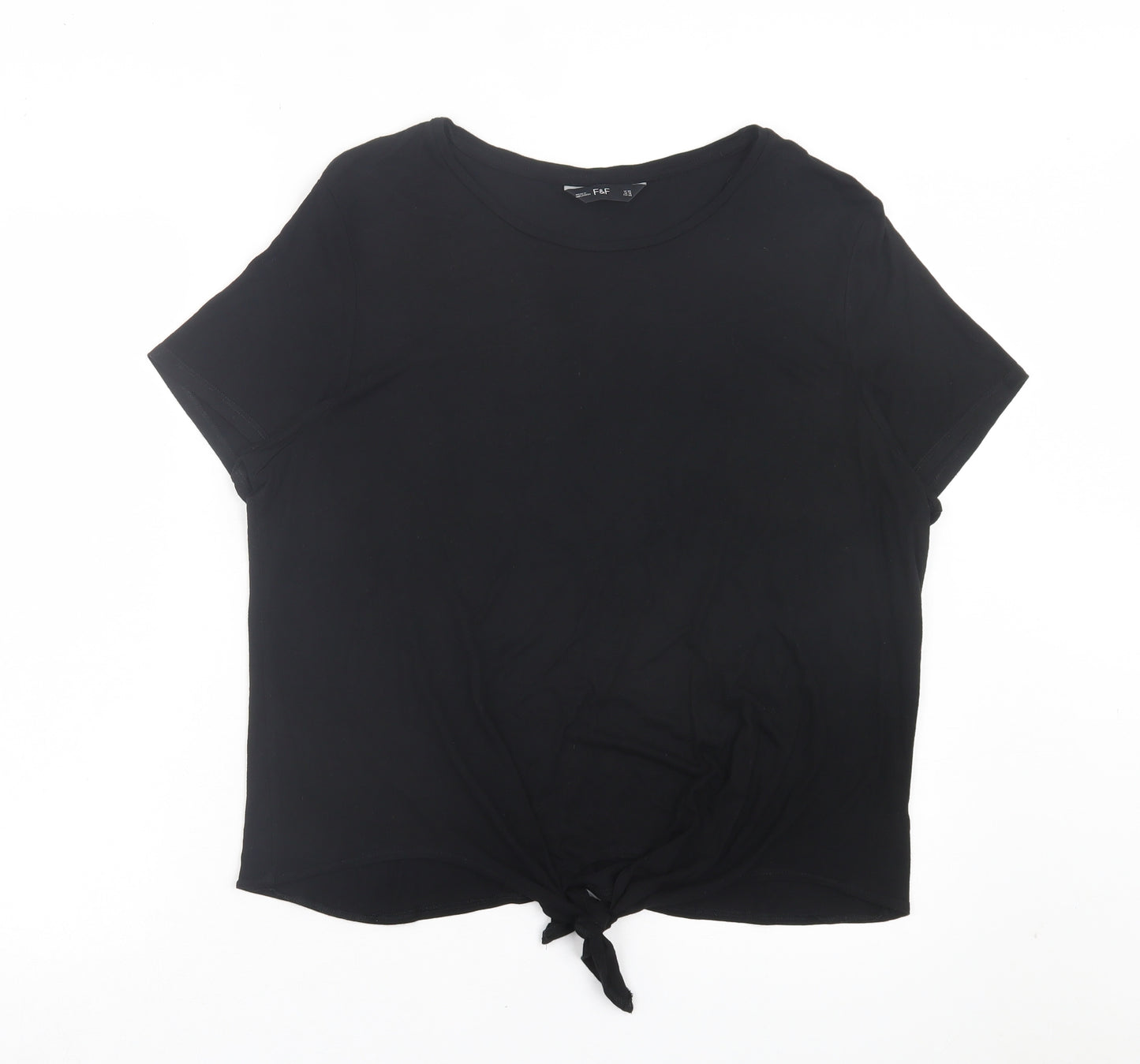 F&F Womens Black Viscose Basic T-Shirt Size 22 Crew Neck - Tie at front