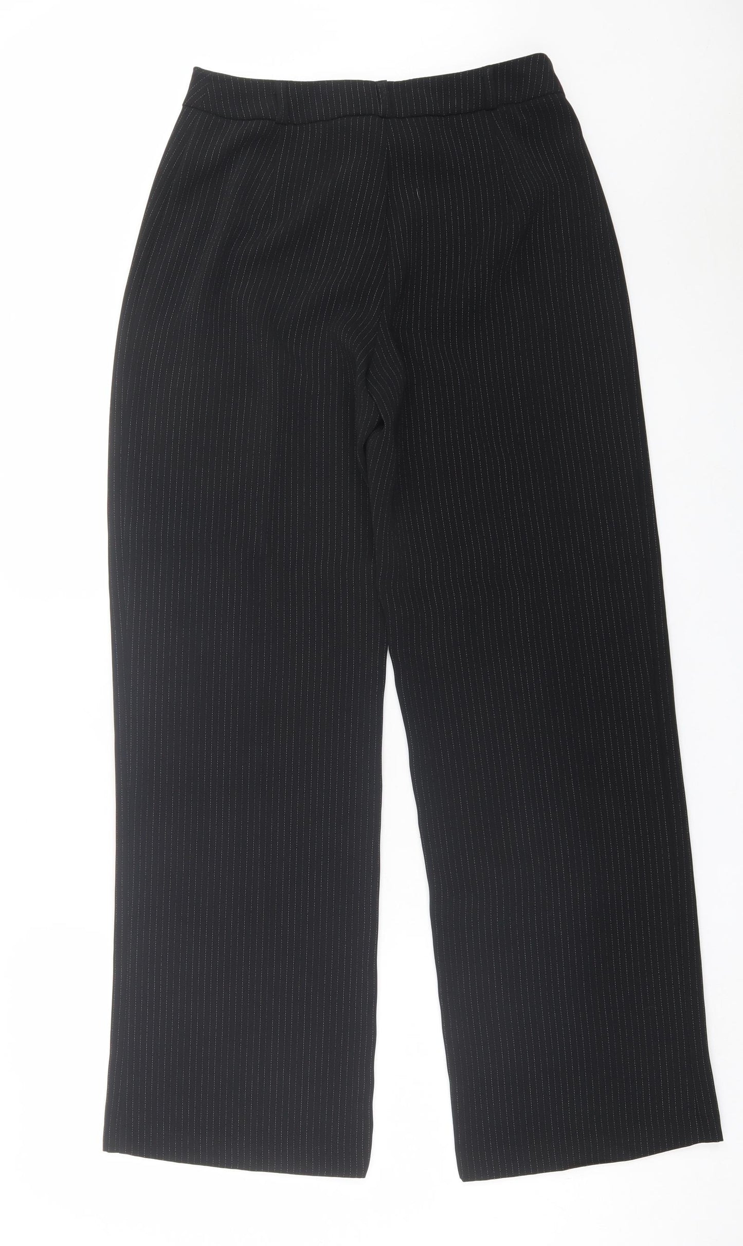 Elegant Womens Black Striped Polyester Trousers Size 12 L31 in Regular Hook & Eye