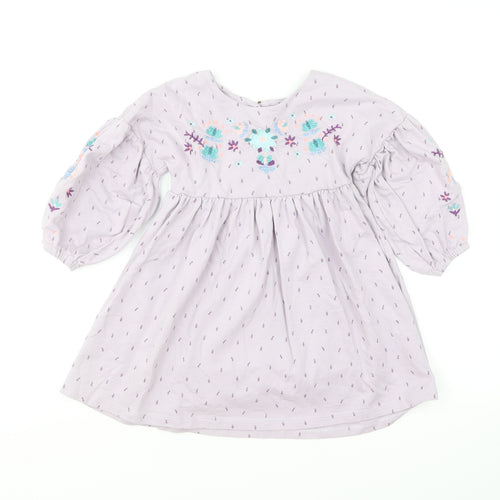 NEXT Girls Purple Floral Cotton Skater Dress Size 3-4 Years Round Neck Button - Puff Sleeve