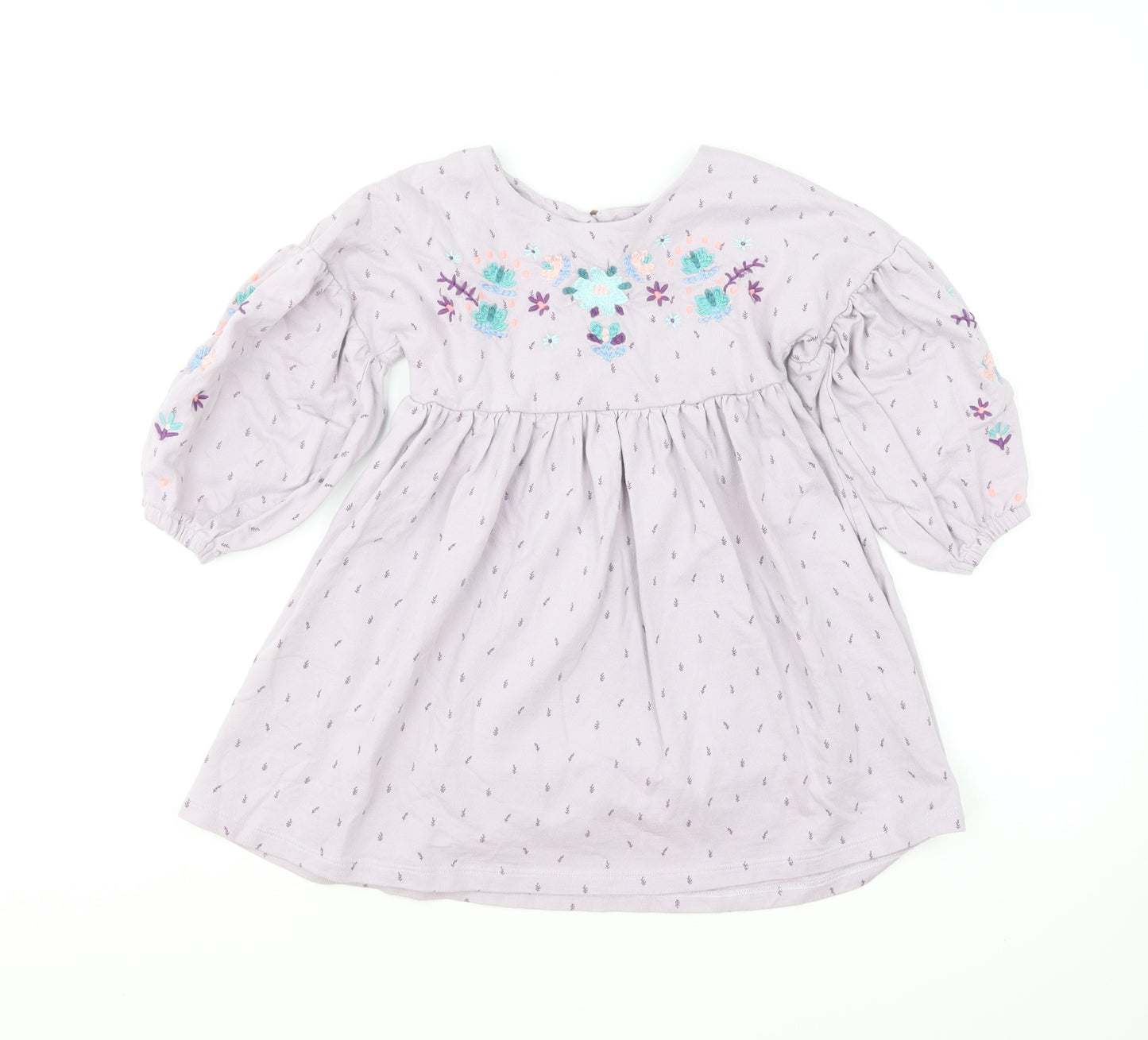 NEXT Girls Purple Floral Cotton Skater Dress Size 3-4 Years Round Neck Button - Puff Sleeve