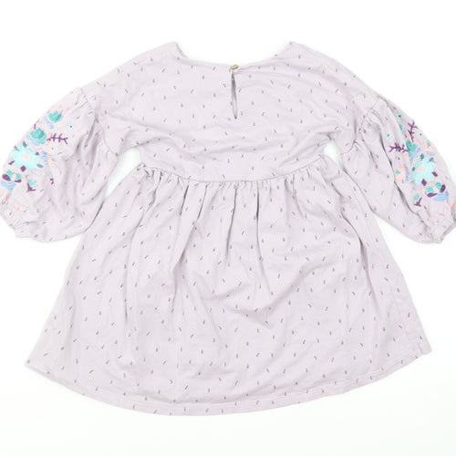 NEXT Girls Purple Floral Cotton Skater Dress Size 3-4 Years Round Neck Button - Puff Sleeve