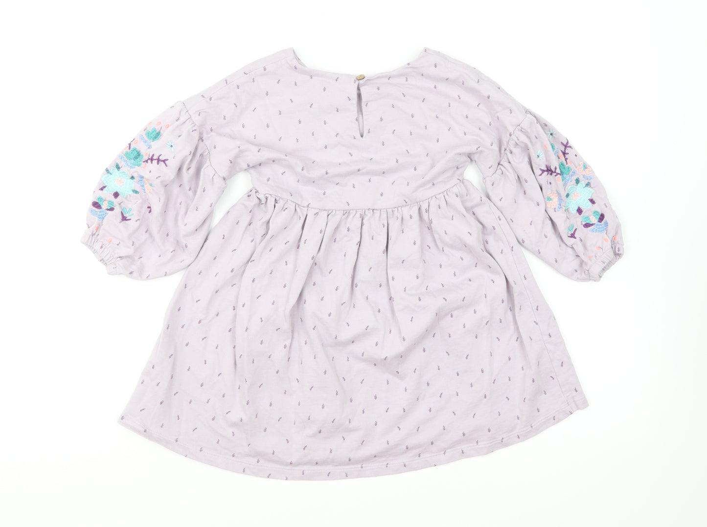 NEXT Girls Purple Floral Cotton Skater Dress Size 3-4 Years Round Neck Button - Puff Sleeve