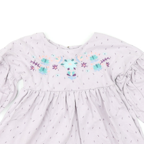 NEXT Girls Purple Floral Cotton Skater Dress Size 3-4 Years Round Neck Button - Puff Sleeve