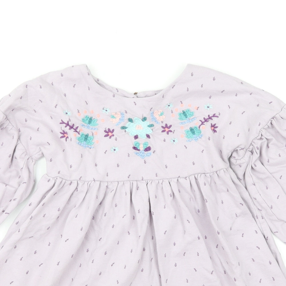 NEXT Girls Purple Floral Cotton Skater Dress Size 3-4 Years Round Neck Button - Puff Sleeve