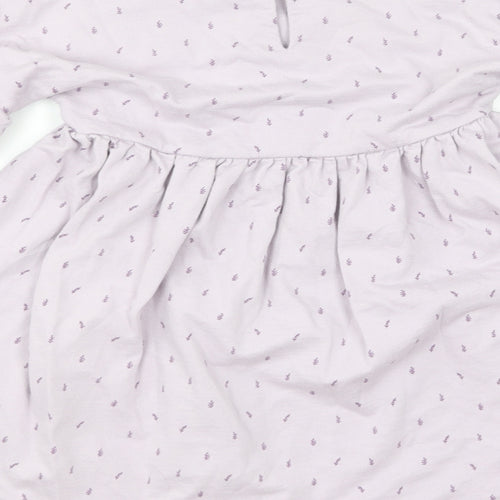 NEXT Girls Purple Floral Cotton Skater Dress Size 3-4 Years Round Neck Button - Puff Sleeve