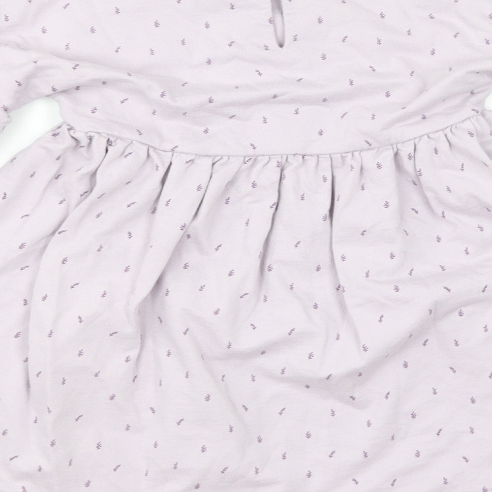 NEXT Girls Purple Floral Cotton Skater Dress Size 3-4 Years Round Neck Button - Puff Sleeve