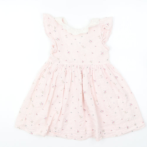 NEXT Girls Pink Floral Cotton Skater Dress Size 3-4 Years Collared Button - Broderie Anglaise Collar