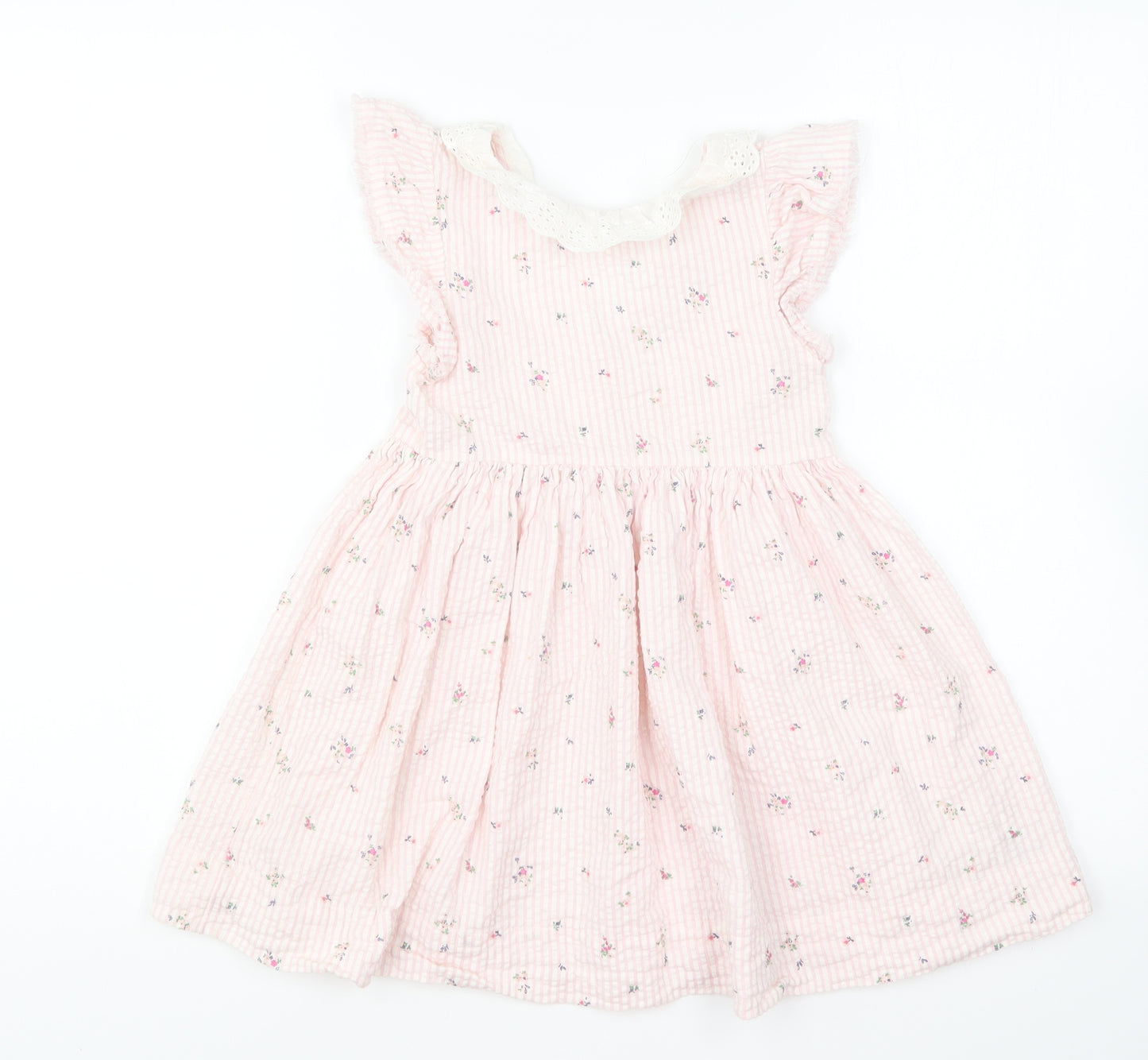 NEXT Girls Pink Floral Cotton Skater Dress Size 3-4 Years Collared Button - Broderie Anglaise Collar