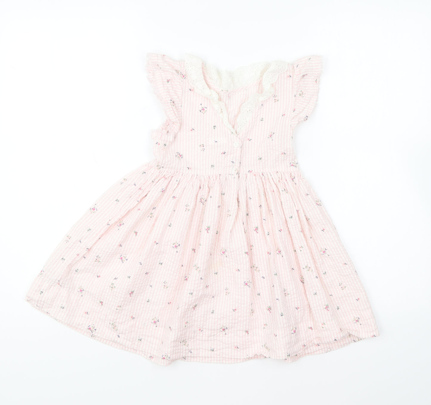 NEXT Girls Pink Floral Cotton Skater Dress Size 3-4 Years Collared Button - Broderie Anglaise Collar