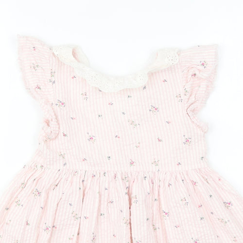 NEXT Girls Pink Floral Cotton Skater Dress Size 3-4 Years Collared Button - Broderie Anglaise Collar