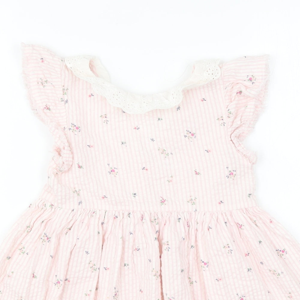 NEXT Girls Pink Floral Cotton Skater Dress Size 3-4 Years Collared Button - Broderie Anglaise Collar