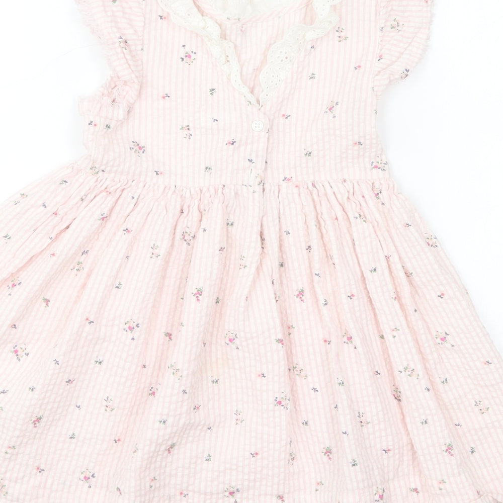 NEXT Girls Pink Floral Cotton Skater Dress Size 3-4 Years Collared Button - Broderie Anglaise Collar