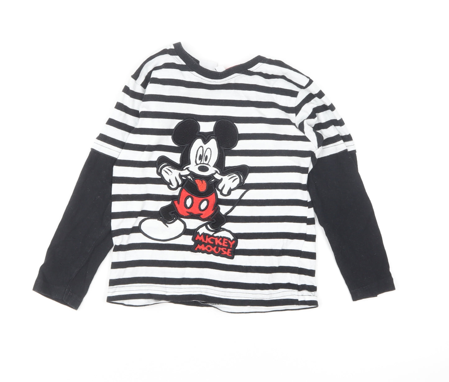 Primark Boys Black Striped Cotton Basic T-Shirt Size 2-3 Years Round Neck Pullover - Mickey Mouse