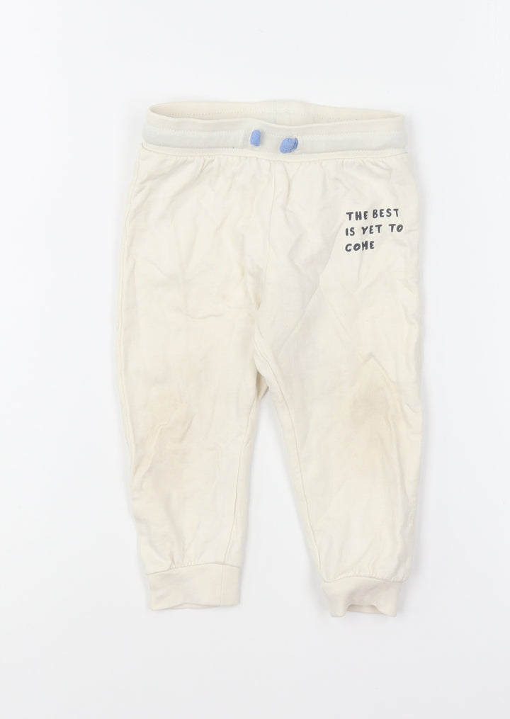 Pep & Co Baby Ivory Cotton Jogger Trousers Size 9-12 Months Drawstring - The Best Is Yet To Come