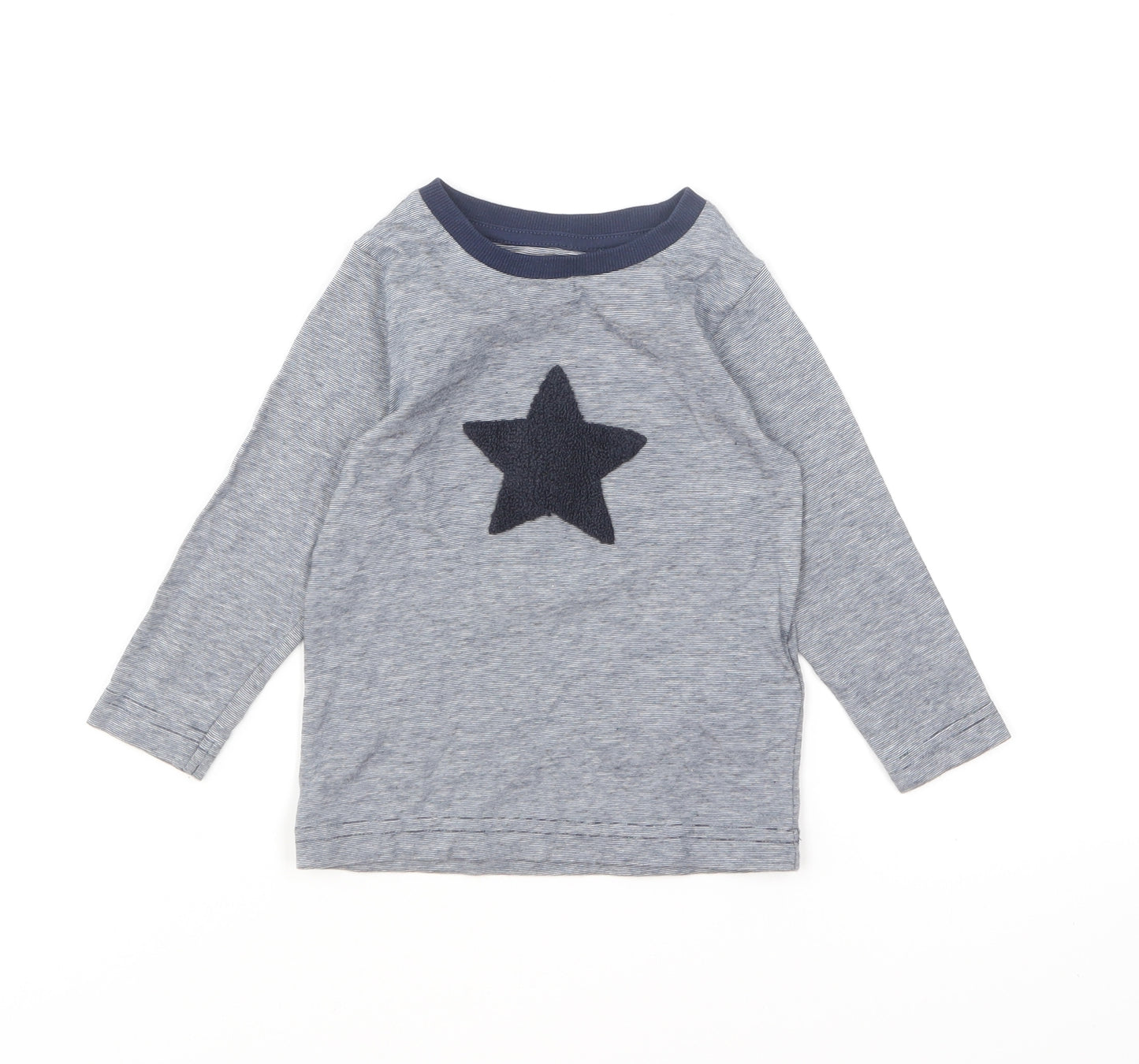 Marks and Spencer Baby Blue Striped Cotton Basic T-Shirt Size 9-12 Months Round Neck Pullover - Star