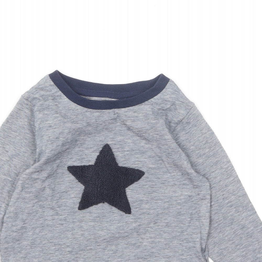 Marks and Spencer Baby Blue Striped Cotton Basic T-Shirt Size 9-12 Months Round Neck Pullover - Star