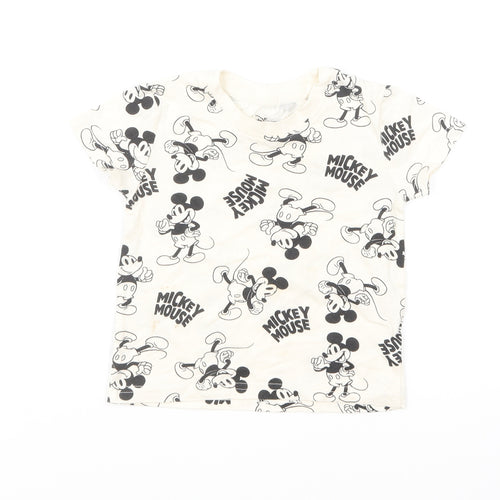 Primark Baby Ivory Geometric Cotton Basic T-Shirt Size 9-12 Months Round Neck Pullover - Mickey Mouse
