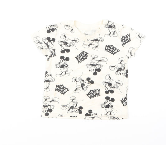 Front view of Primark Baby Ivory Geometric Cotton Basic T-Shirt, size 9-12, Months Round Neck Pullover - Mickey Mouse